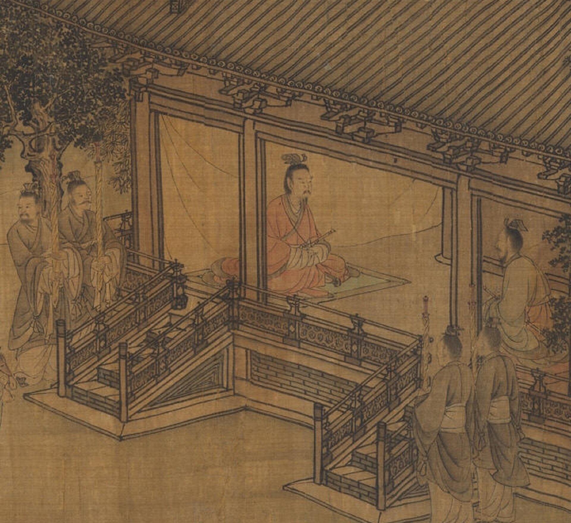 Ancient Chinese painting depicts a serene courtyard scene with figures in traditional attire. One figure sits inside a pavilion, while others stand outside.