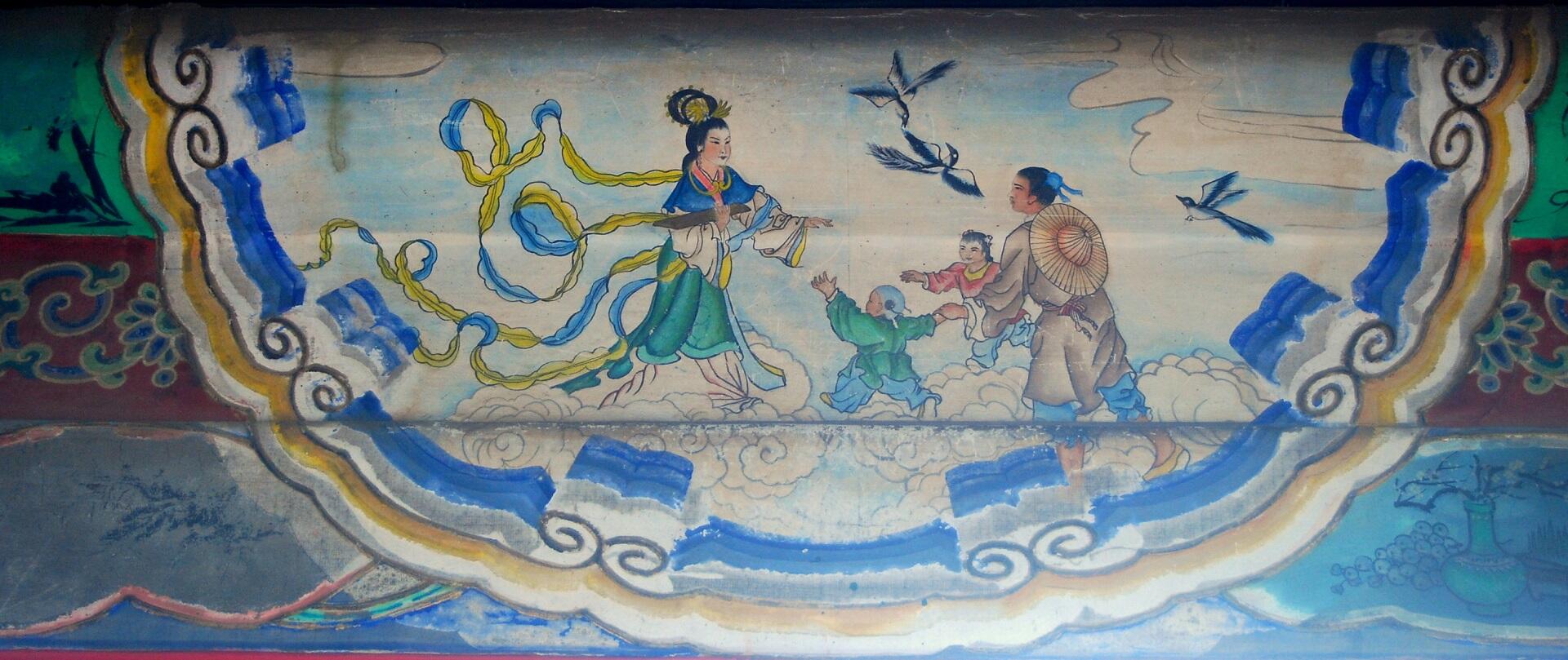 A traditional Chinese painting shows two adults and a child on clouds. A woman to the left, in colorful robes, connects with a man holding a child. Birds fly overhead.
