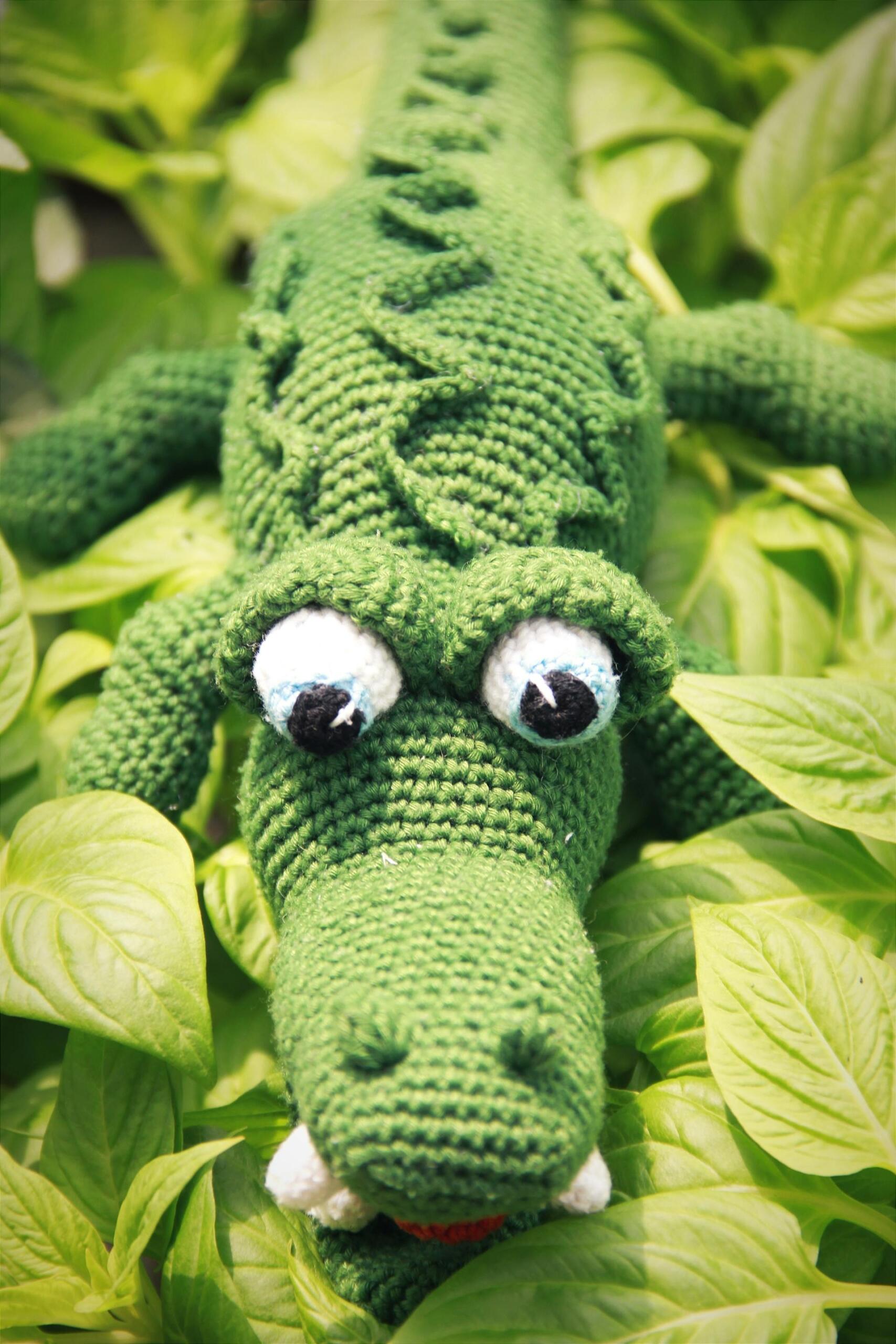 Close-up of a green crocheted alligator toy nestled amongst bright green foliage.