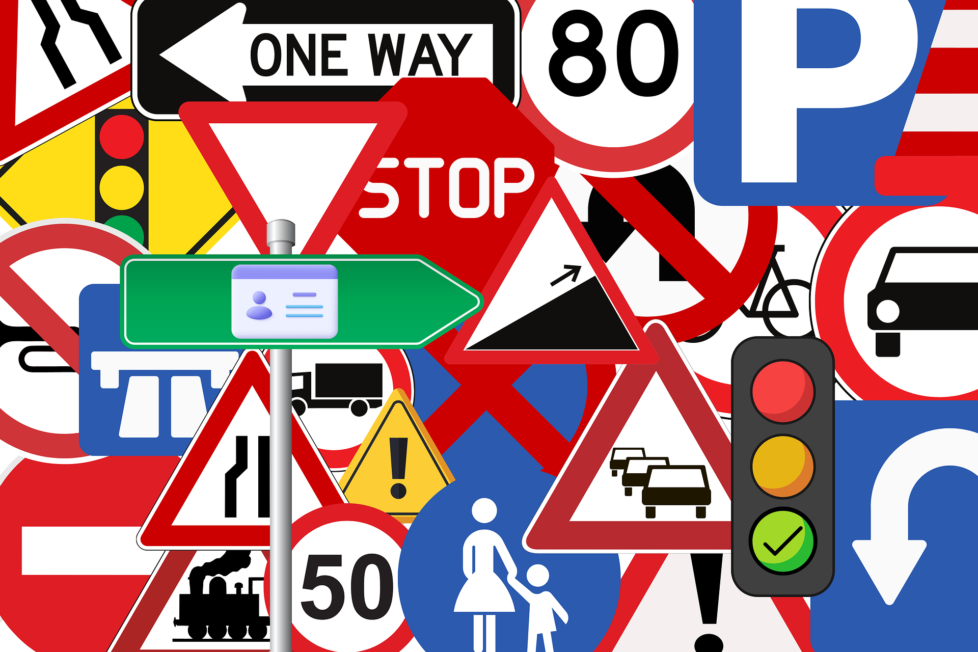 A collage of various international traffic signs, including stop, speed limits, warnings, and directional indicators, centered around a green road sign displaying a driver's license icon.