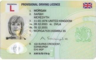 Provisional UK driving license for Sarah Meredyth Morgan, issued in Edinburgh, valid until 2031, with a photo and personal details.