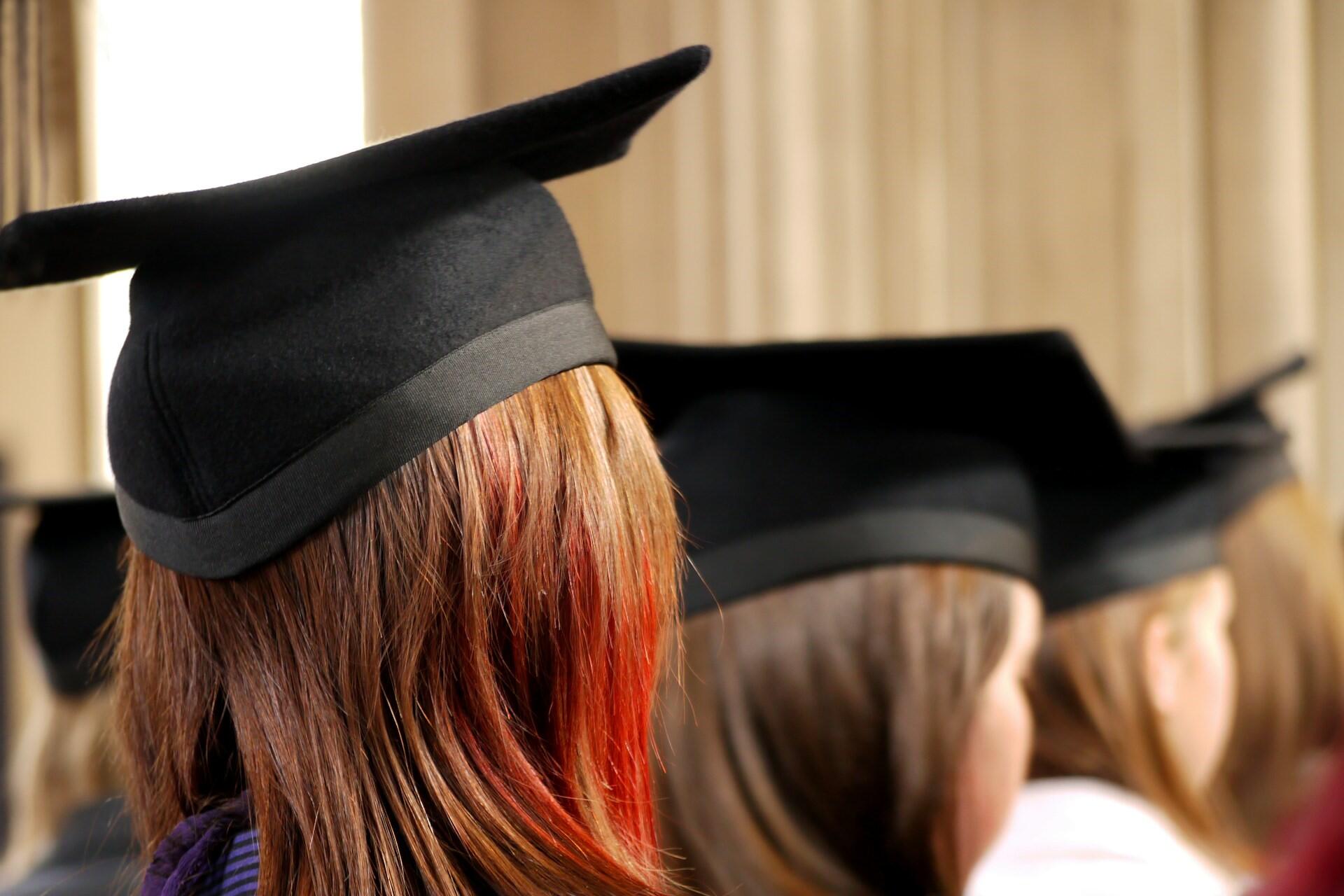 Person in a black graduation cap seen from behind at a ceremony
