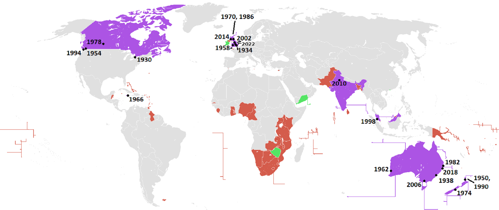 A map with most countries greyed out, with some in Africa shaded brown and some shaded in purple. 