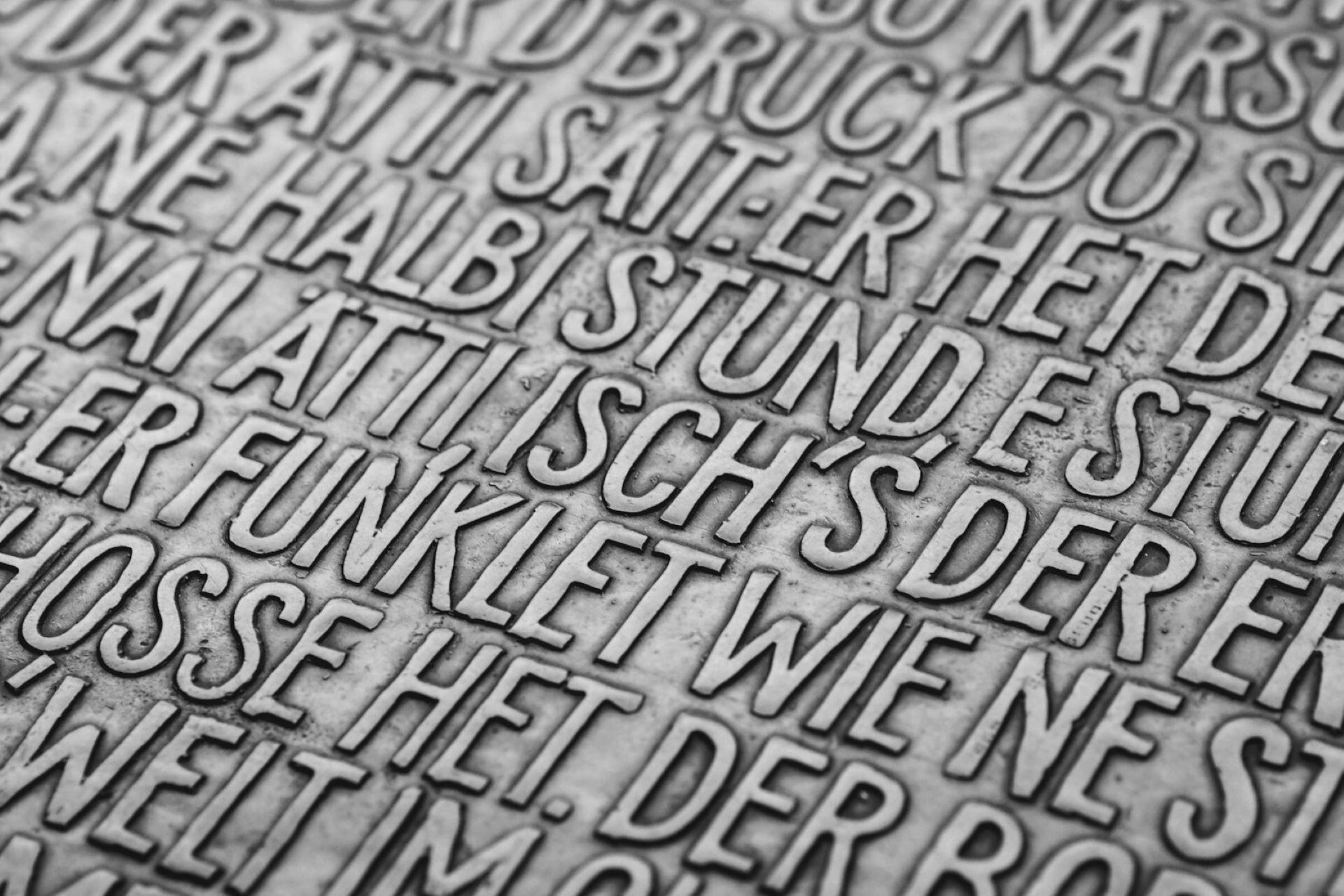 Black and white close-up of raised German words and letters on a textured surface.