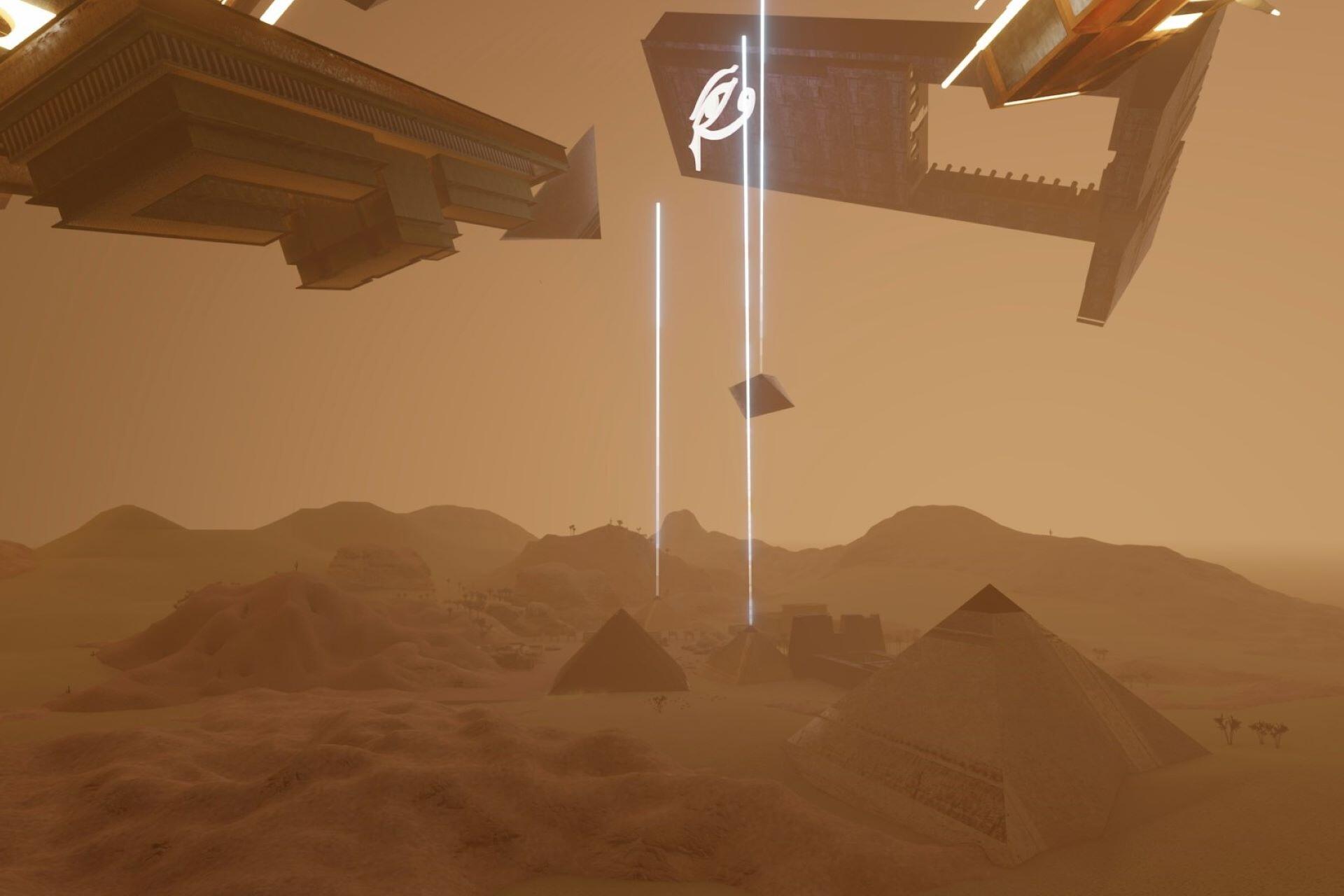 Futuristic 3D environment with floating structures and light beams