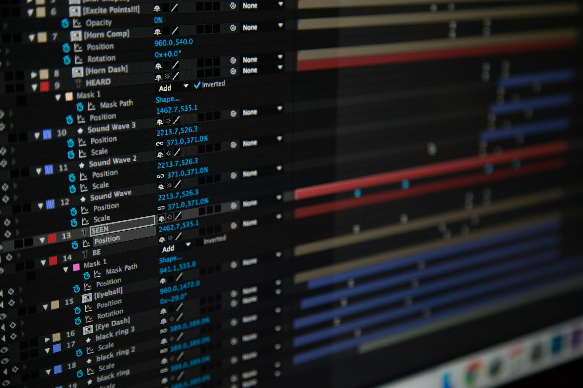 Motion graphics timeline with animated layers in video editing software