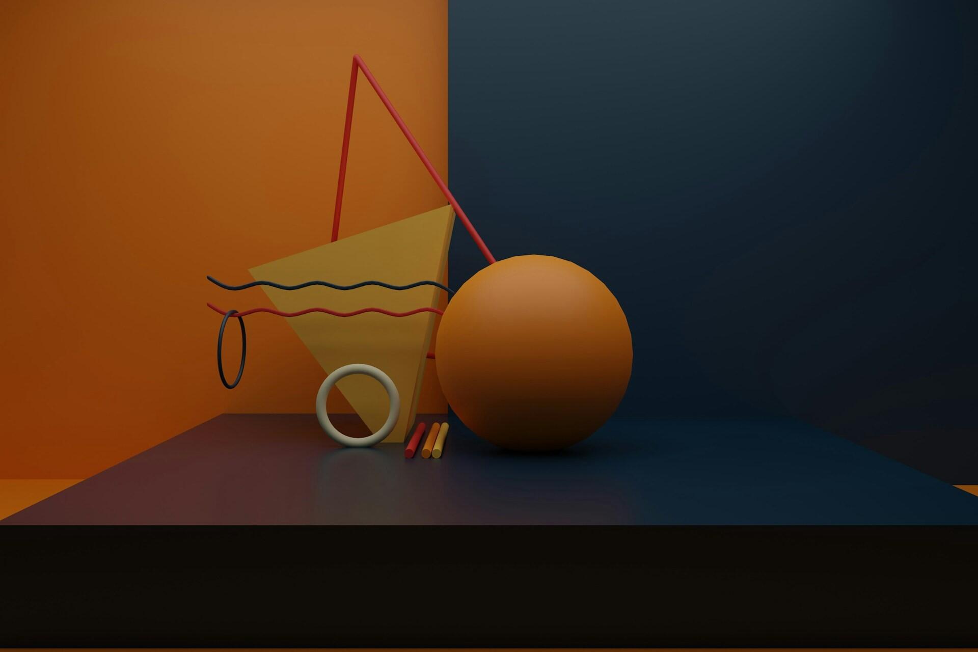 Abstract 3D shapes arranged in a colourful digital composition
