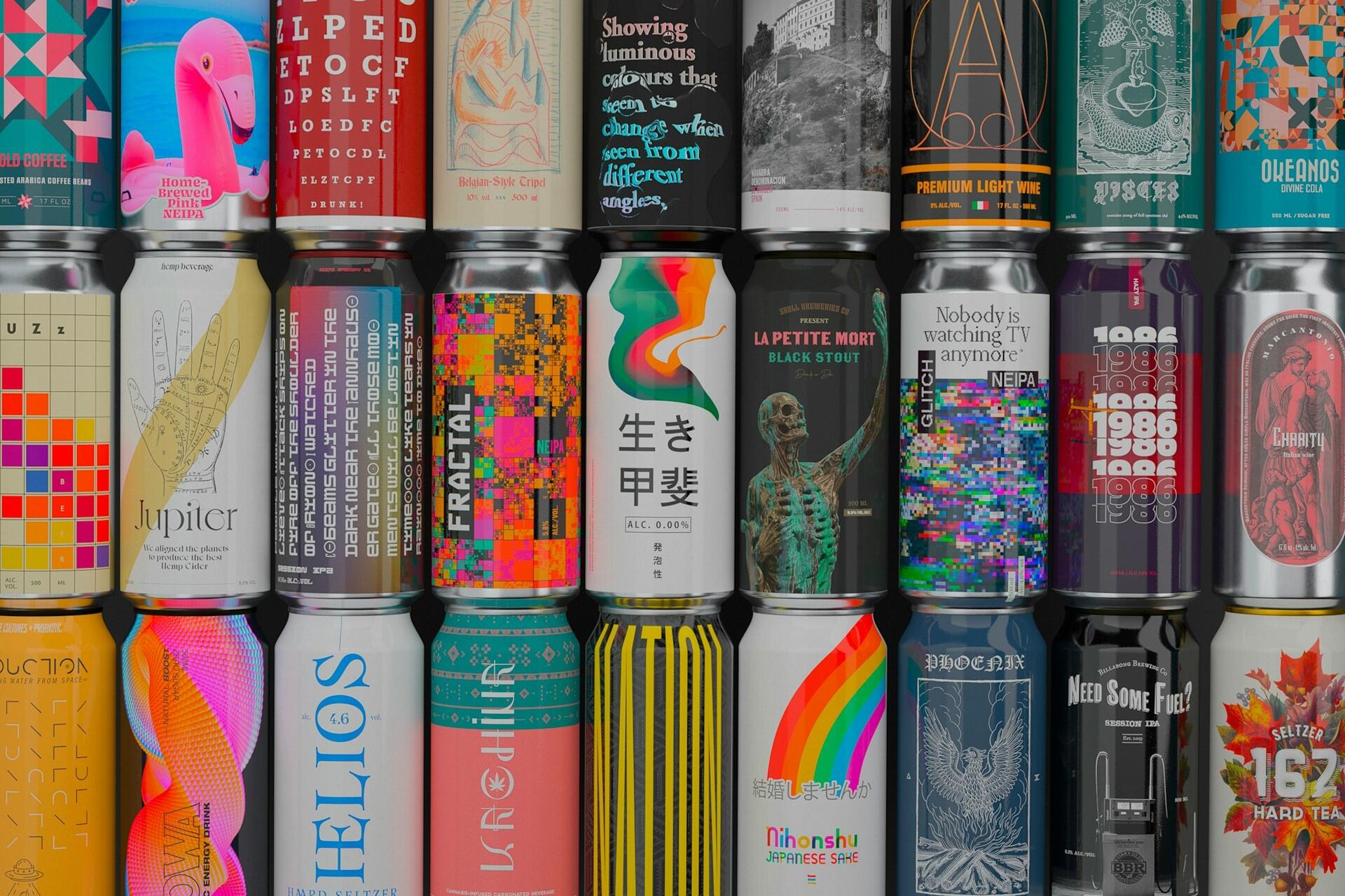Colourful product packaging labels on cans showing varied graphic design styles