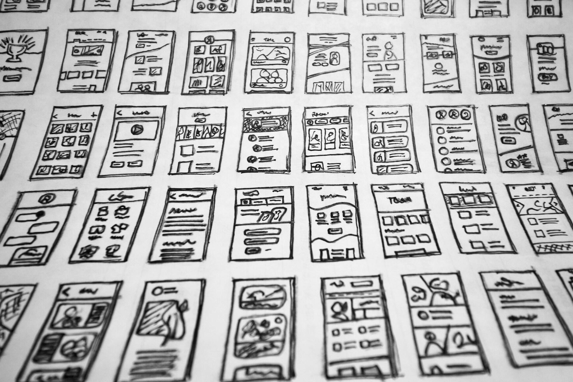 Rows of sketched website wireframes showing different interface layouts