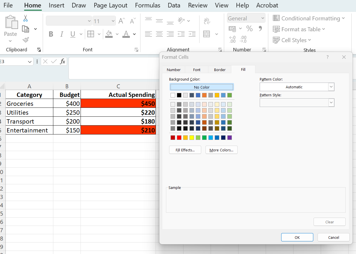 Microsoft Excel interface showing a budget spreadsheet with the Format Cells dialog box open to the Fill tab for color selection.