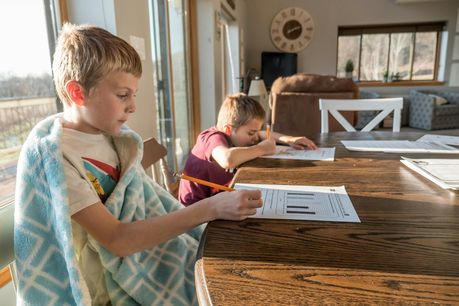 Two young boys do schoolwork at a wooden table by a sunlit window.