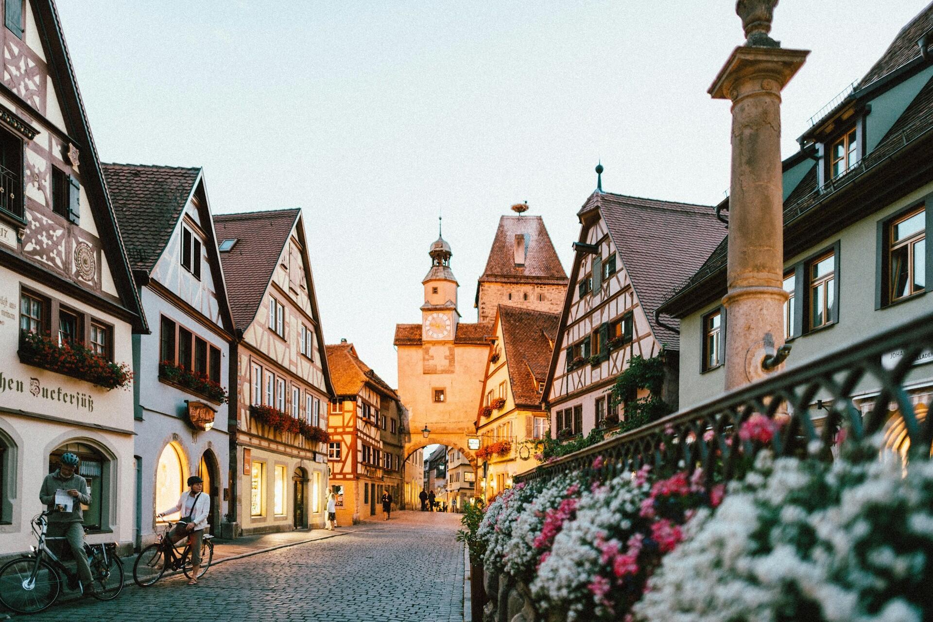 Half-timbered buildings on a cobbled street in a German old town