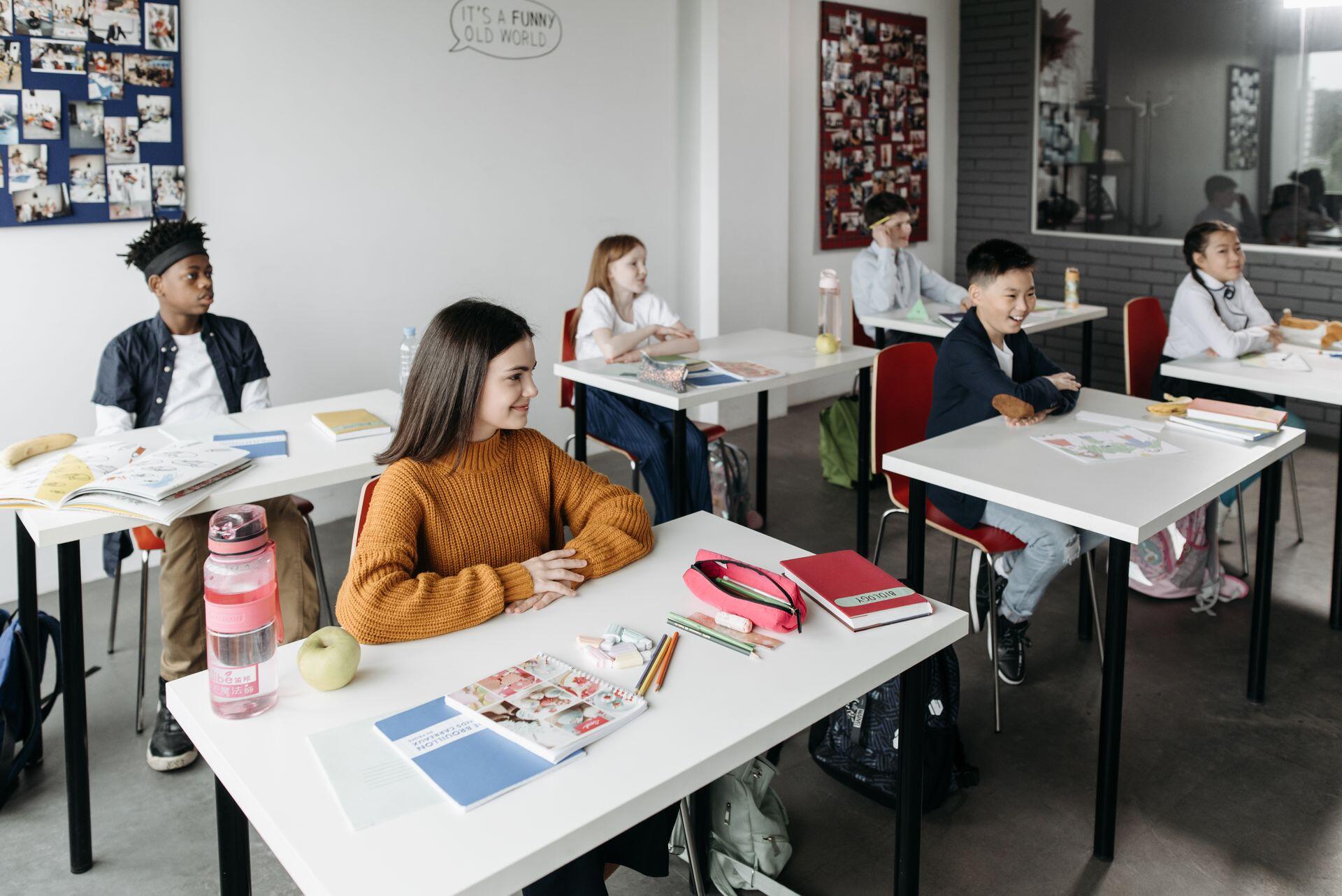 Students of diverse backgrounds sit at desks in a brightly lit classroom with educational materials.