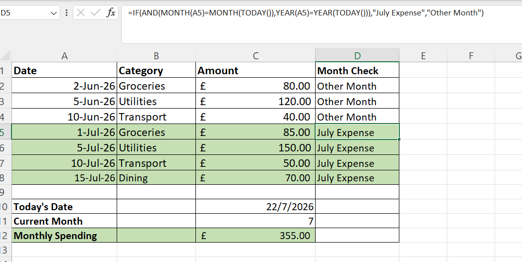 Excel spreadsheet showing a nested IF function that labels expenses from the current month of July as 'July Expense' and others as 'Other Month'.