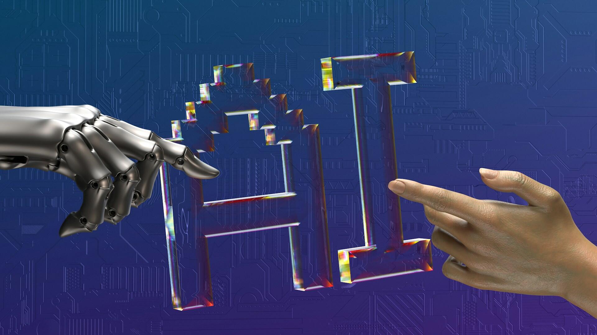 A robotic finger reaches for a human finger across the letters AI.