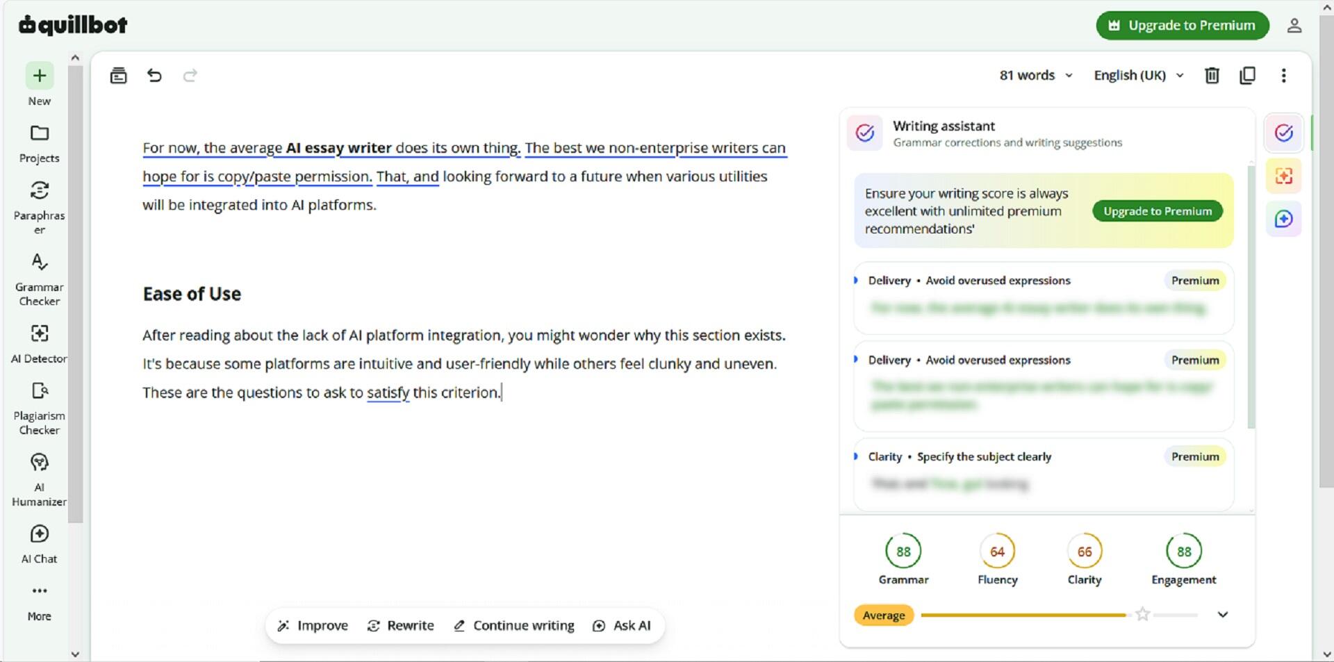 Screenshot of the Quillbot dashboard displaying site statistics, posts, and settings options.