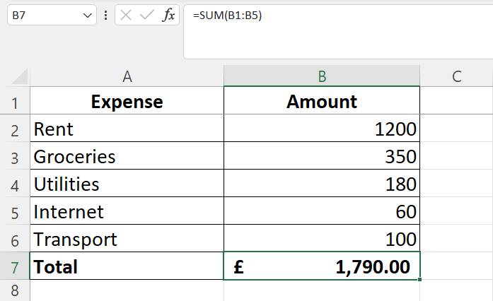 Spreadsheet showing expenses like rent, groceries, and utilities totaling £1,790.00.