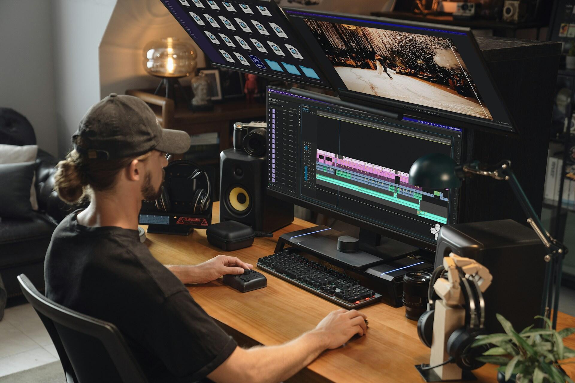sound designer with three monitors editing audio files with video