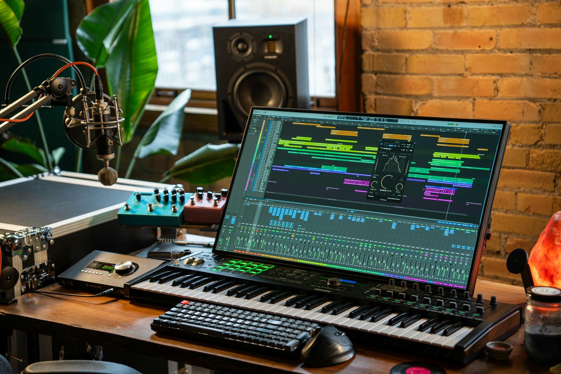 large monitor displaying DAW with music tracks behind an electronic music keyboard , MIDI, and other music producing equipment in a casual room