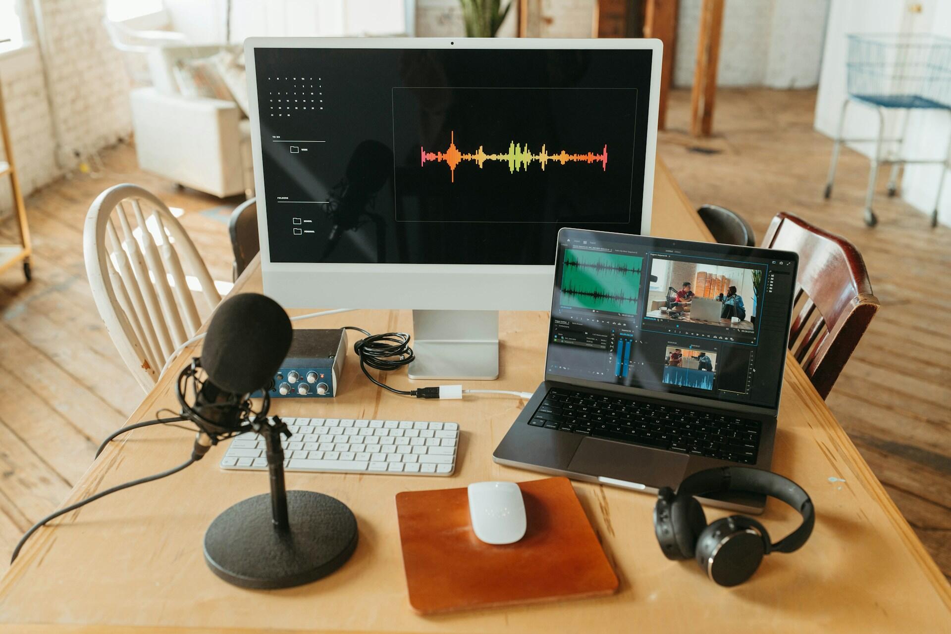 a laptop computer displaying a DAW software and video of a podcast being recorded on a table with a microphone, headphones, and larger monitor displaying details of a specific audio track