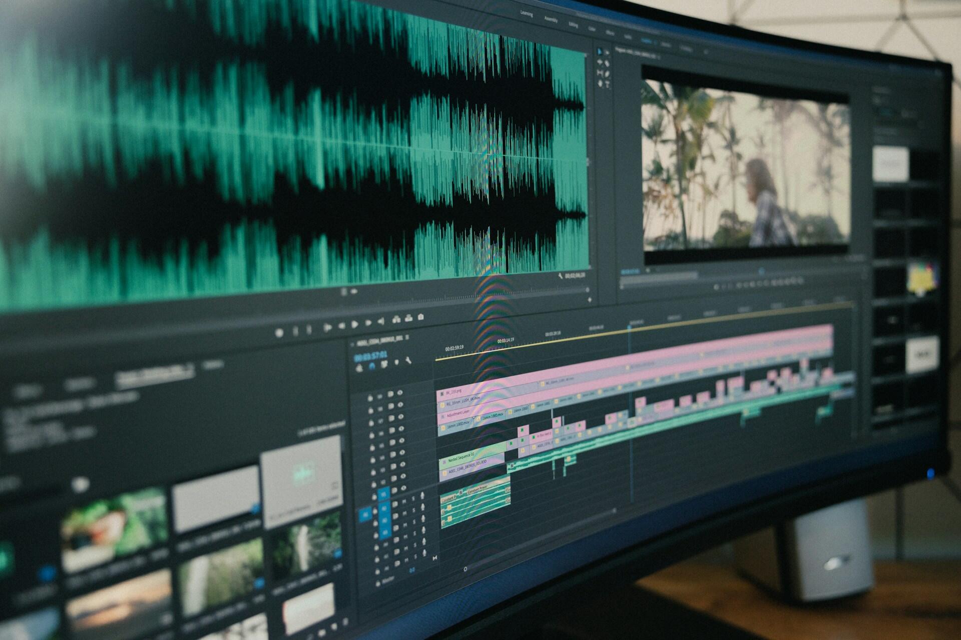 sound designer using a computer software to match audio files to a video