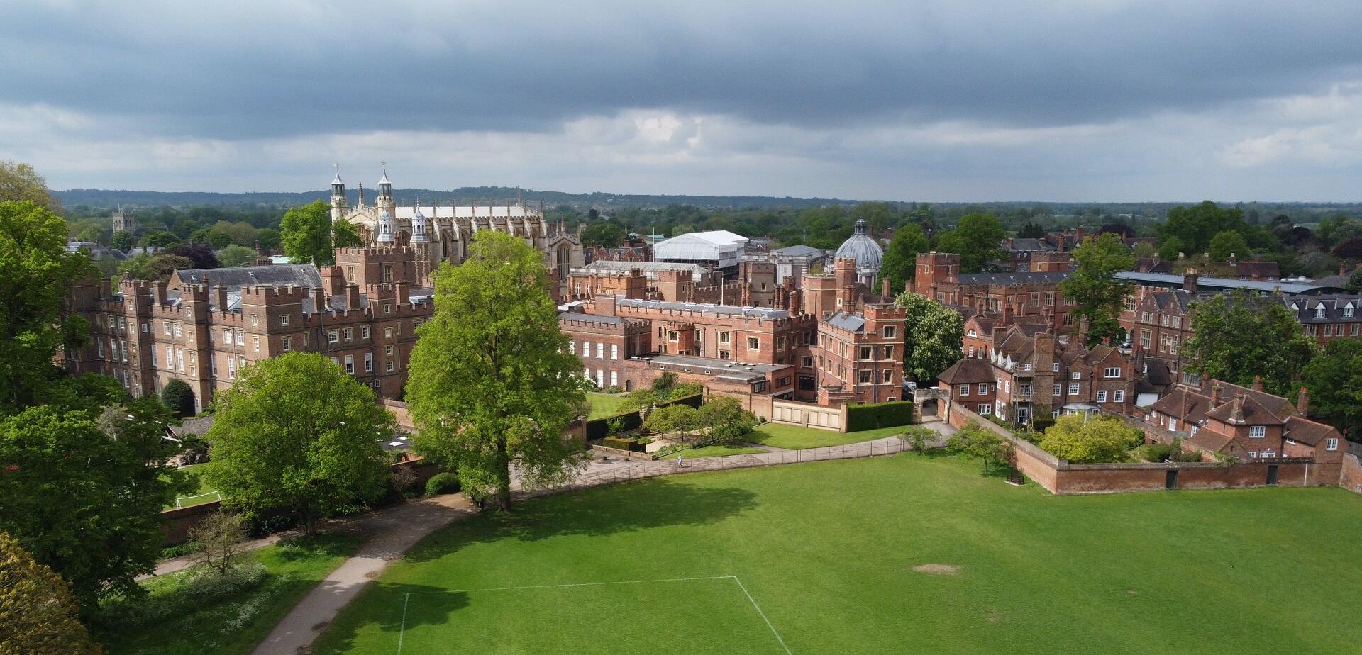 An aerial view of Eton College from the north, taken on a sunny day.