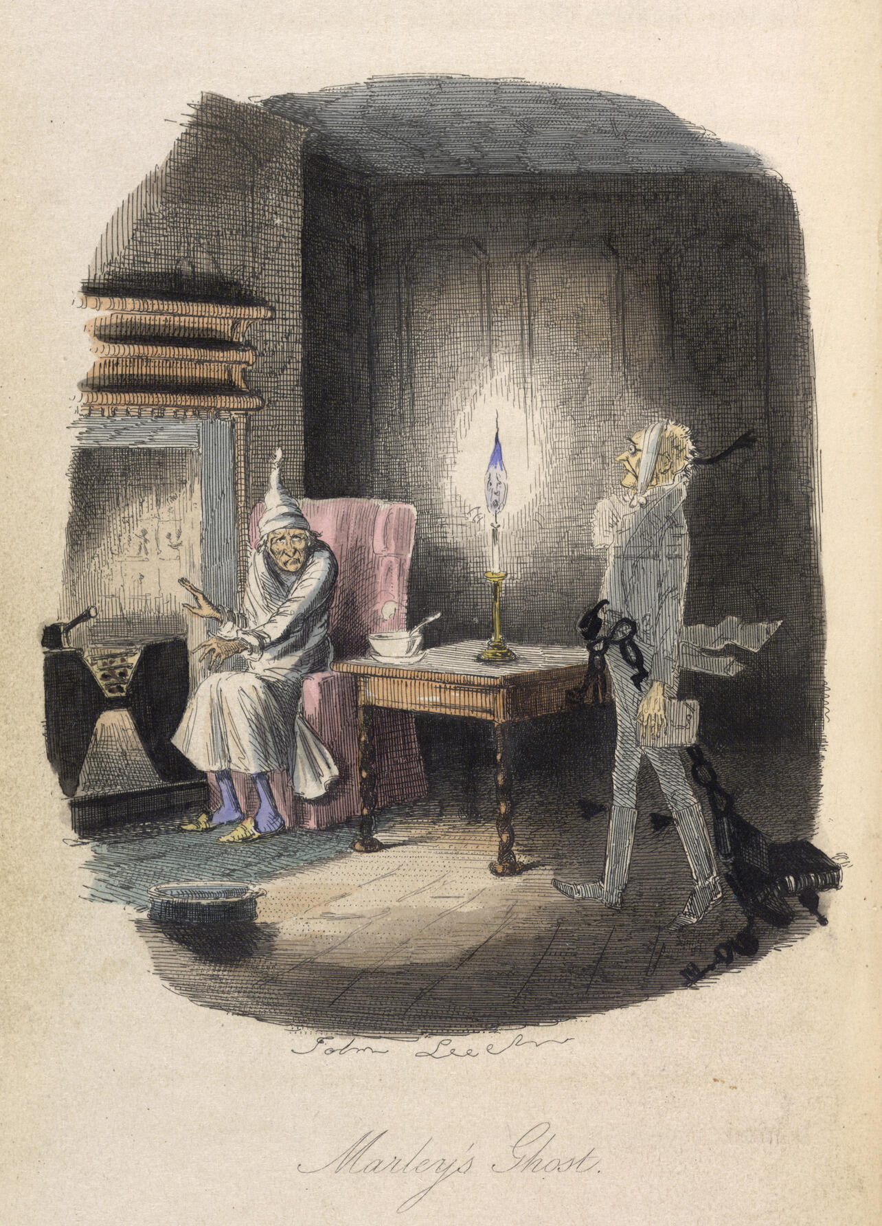 Illustration of Marley’s ghost visiting Scrooge in a room by the fireplace, with a seated man, table, candle, and shadowy chains.