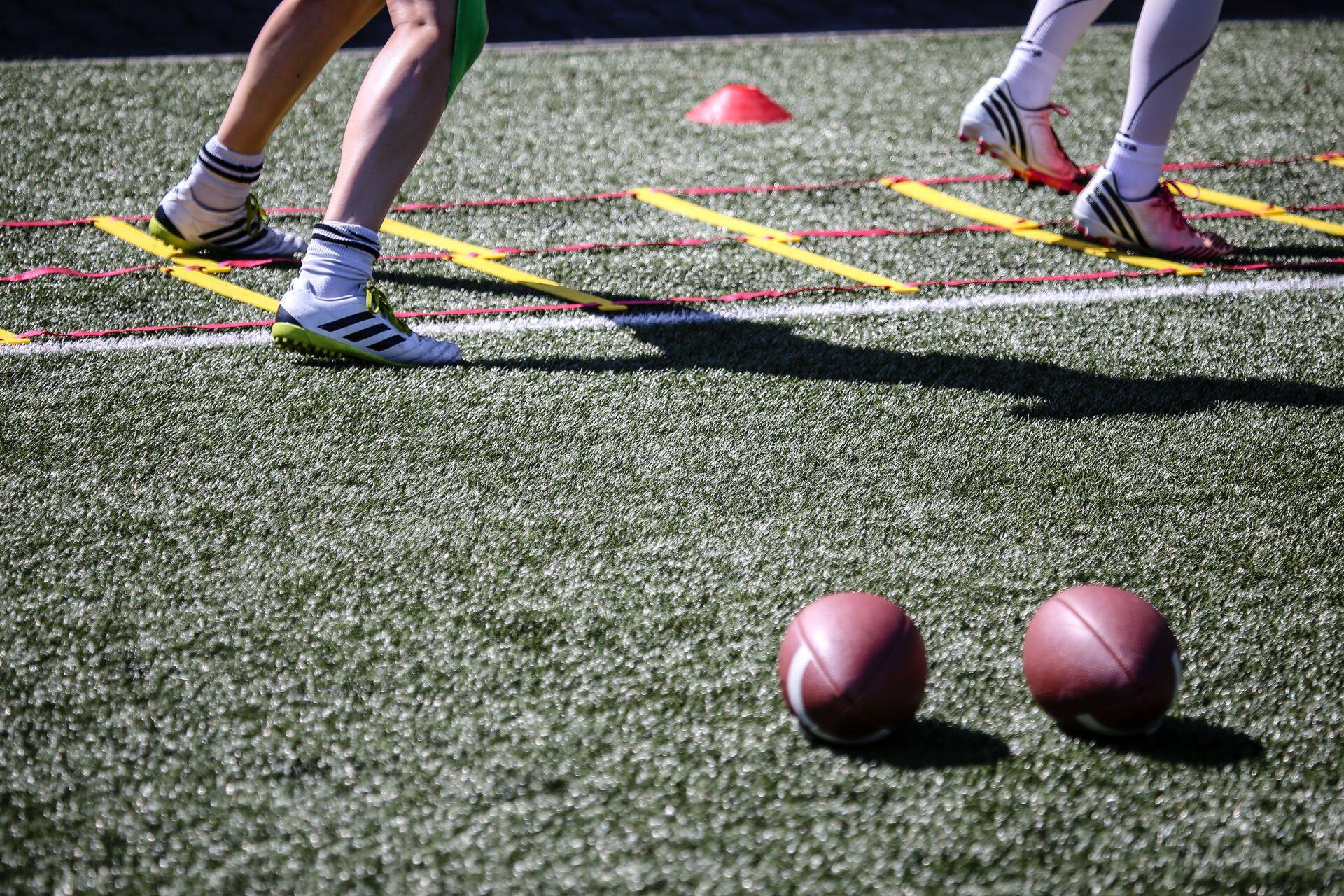 A flag football close up view of a training session.