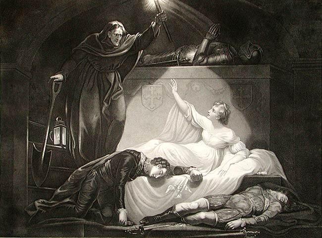 An engraving shows a hooded monk raising a lantern over a bed, where a woman reaches toward a ghostly figure.