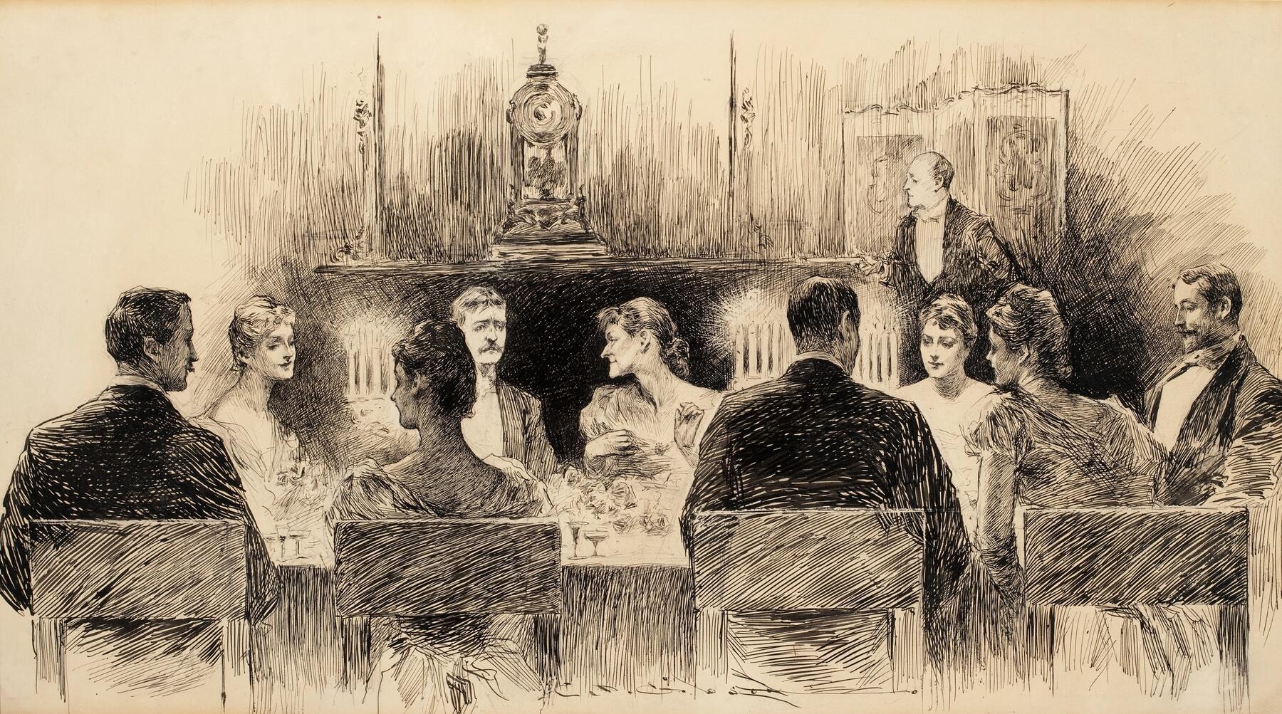 A black-and-white drawing shows eight well-dressed people seated around a dining table, with a waiter standing behind them.