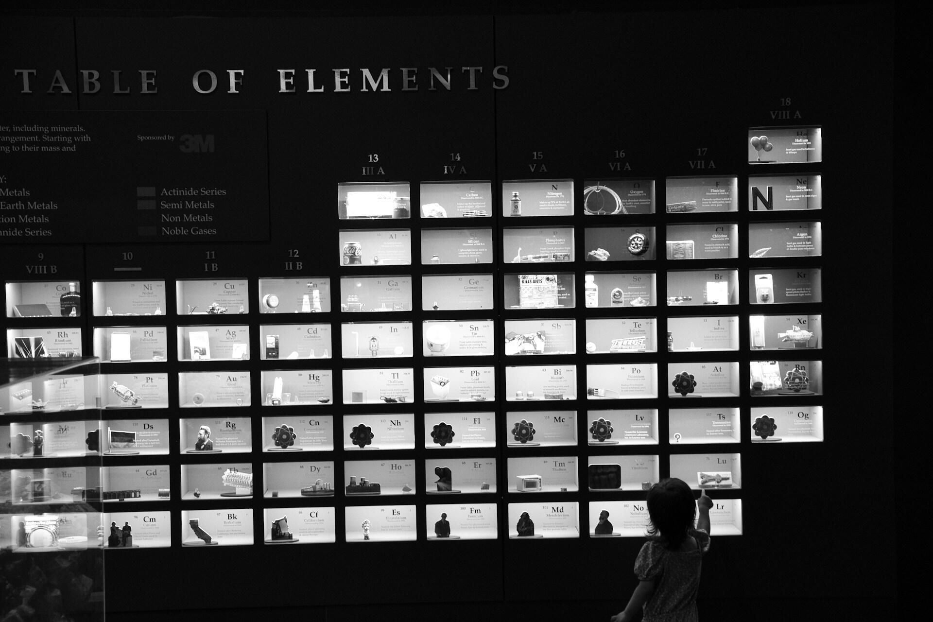 Person standing in front of an illuminated periodic table display