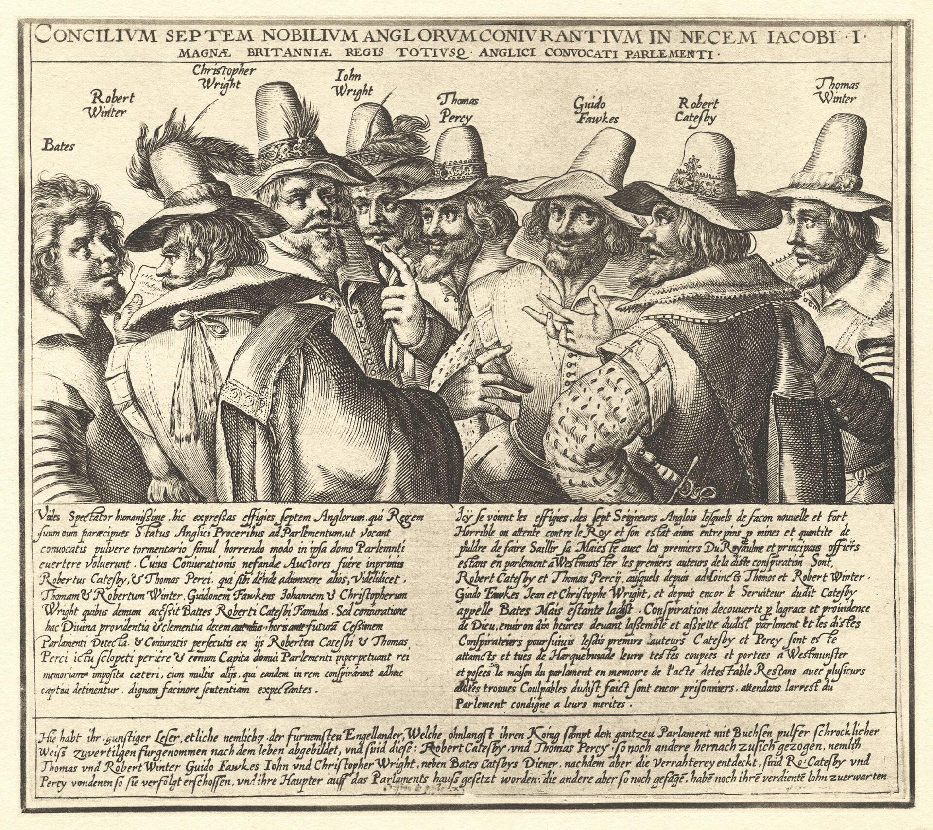 An ancient newsprint depicting eight sinister-looking men wearing fine hats and clothing, with text blocks underneath.