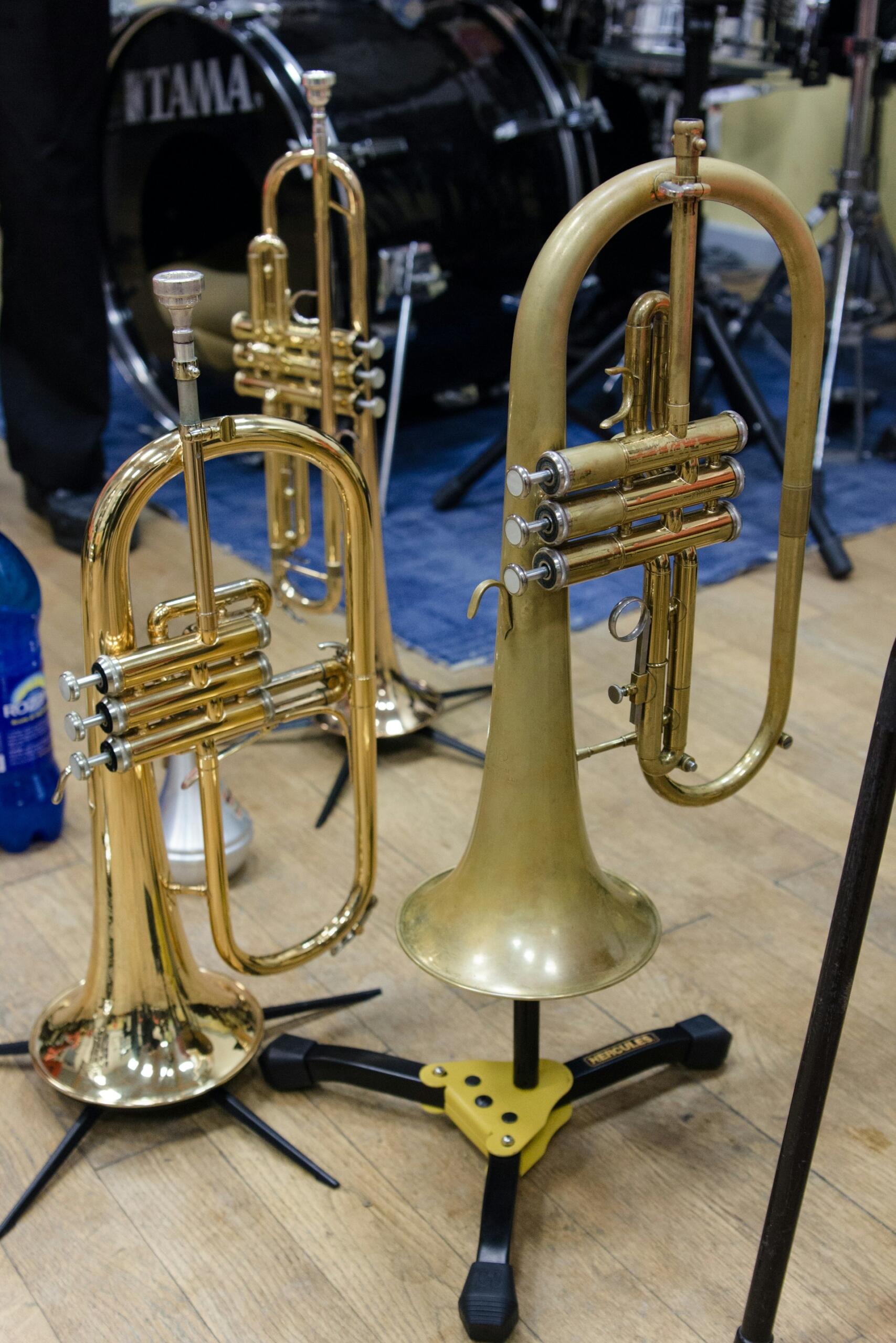 three flugelhorns instruments on stands in a backstage band room