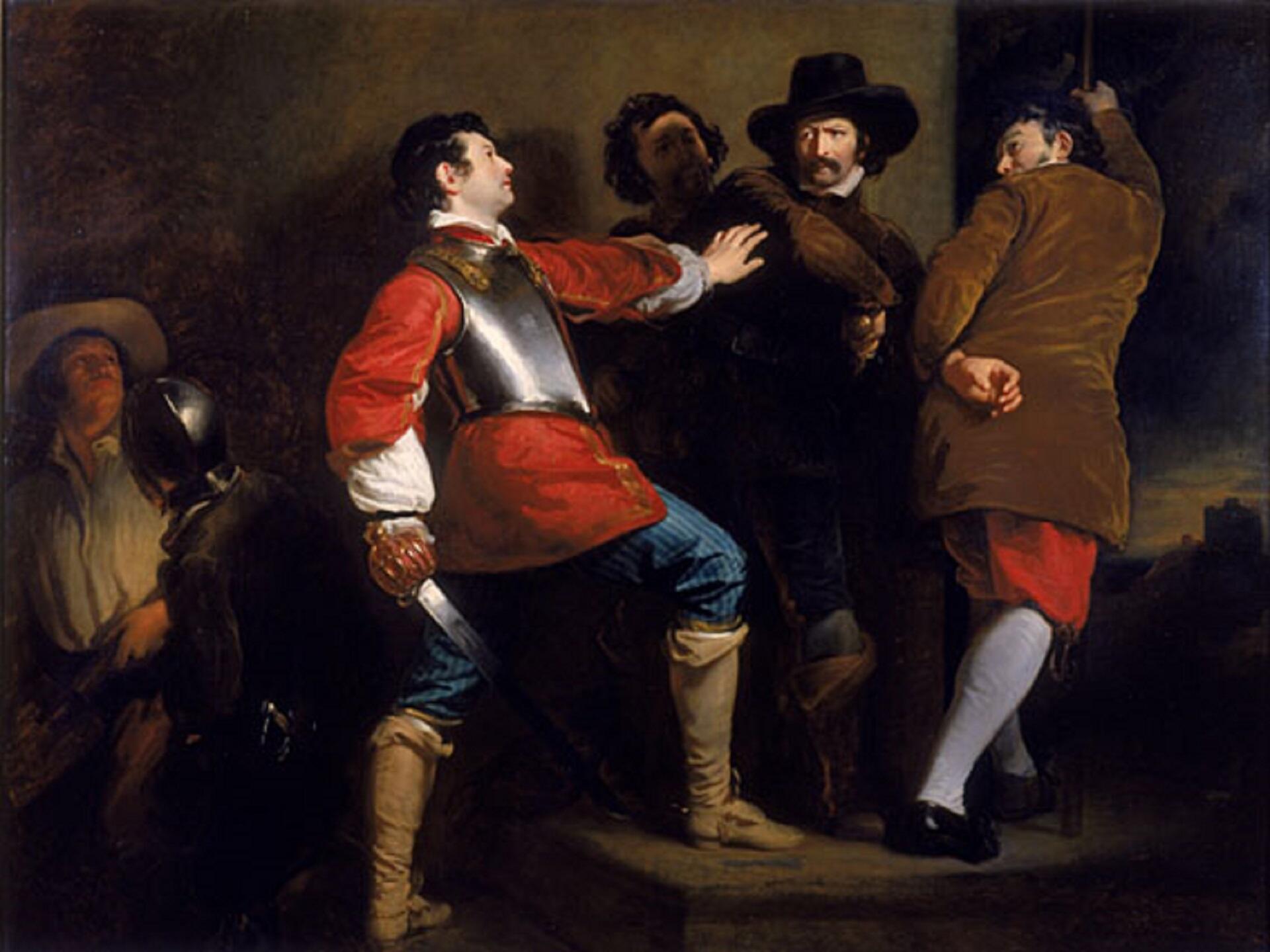 A man in old-style clothing and a tall hat surrounded by men wearing red jackets and breastplates. The mood is ominous and tense.
