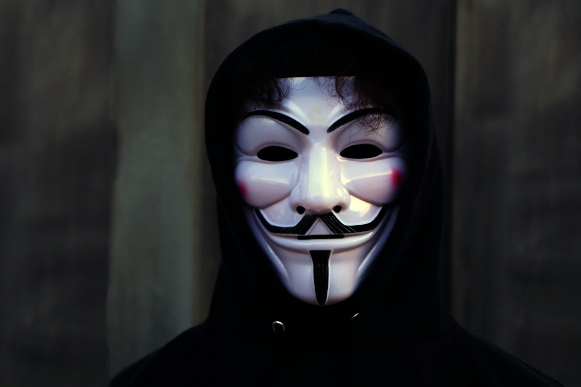A person with curly black hair wearing a Guy Fawkes mask, creating a secretive mood.