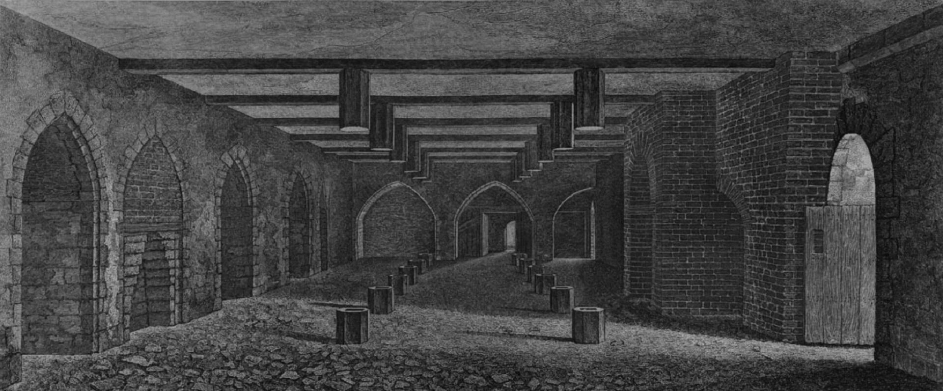 A sinister-looking underground cavern with many arches and pillars.