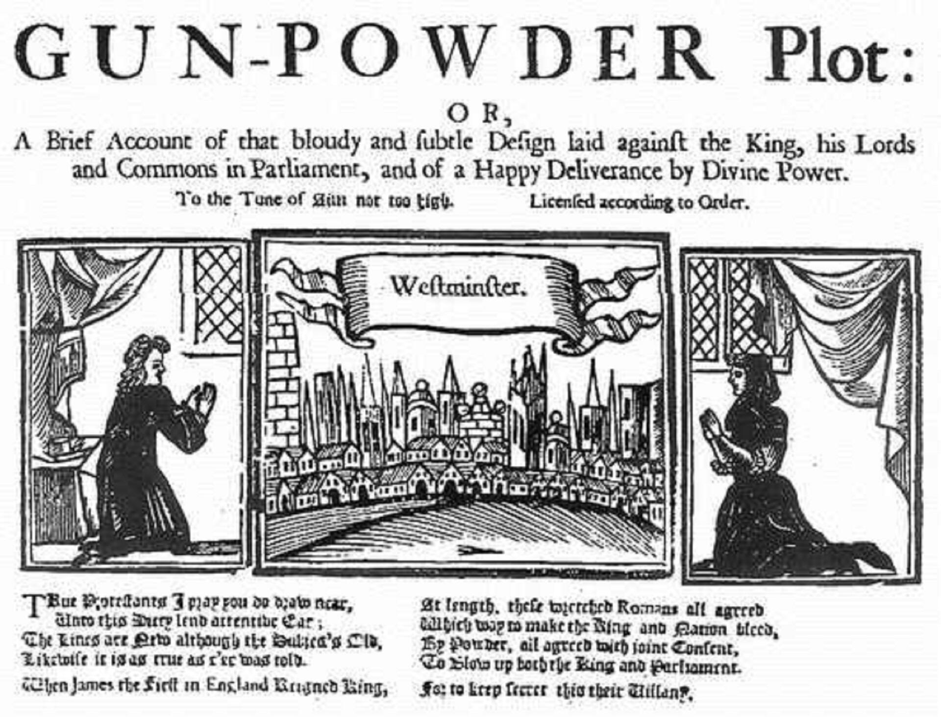 A newspaper presentation of the gunpowder plot featuring a central panel depicting London with two men in long robes kneeling in side panels. The images are surrounded by text, giving an air of sensationalism.