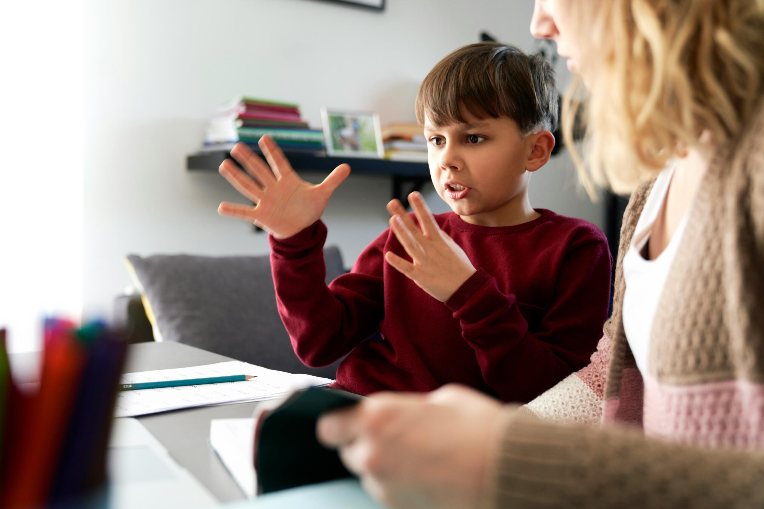 Μικρό αγόρι εξηγεί κάτι με κινήσεις των χεριών του σε ενήλικα κατά τη διάρκεια μελέτης στο σπίτι.