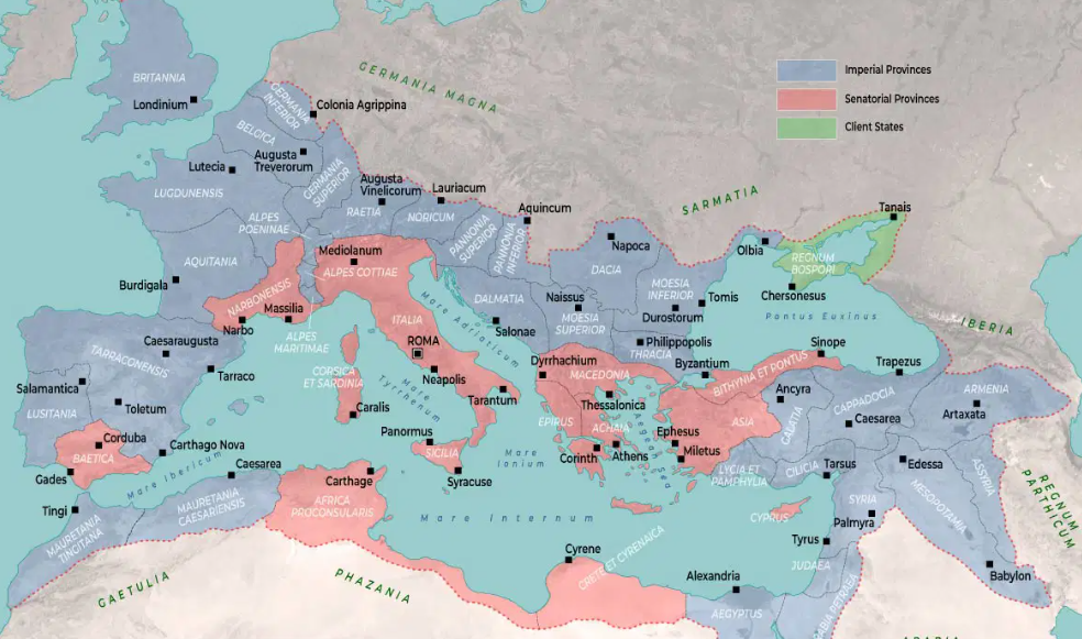 Χάρτης της Ρωμαϊκής Αυτοκρατορίας που απεικονίζει την εξάπλωσή της γύρω από τη Μεσόγειο.