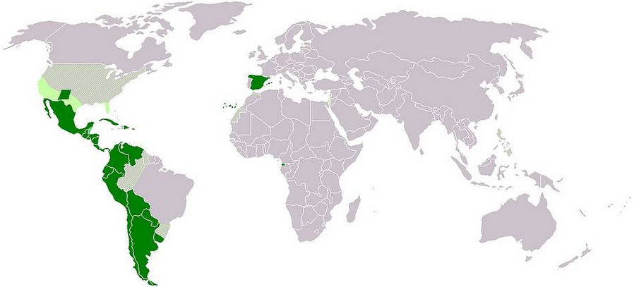 Χάρτης του κόσμου με ισπανόφωνες χώρες επισημασμένες.