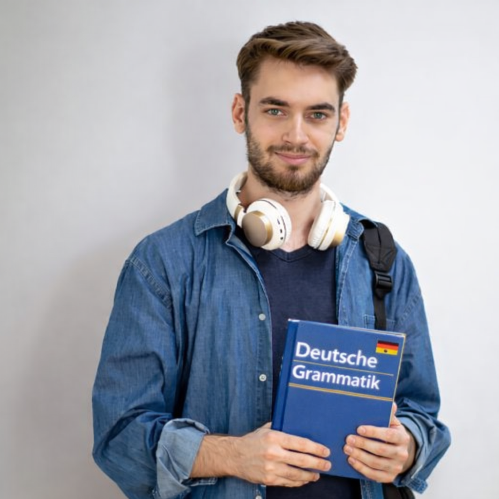 Νεαρός άνδρας στέκεται μπροστά σε ανοιχτόχρωμο φόντο, χαμογελά ελαφρά και κρατά στα χέρια του ένα μπλε βιβλίο με τίτλο “Deutsche Grammatik”.