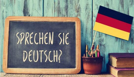 Πίνακας με τη φράση «Sprechen Sie Deutsch?» και γερμανική σημαία, σύμβολο εκμάθησης της γερμανικής γλώσσας.