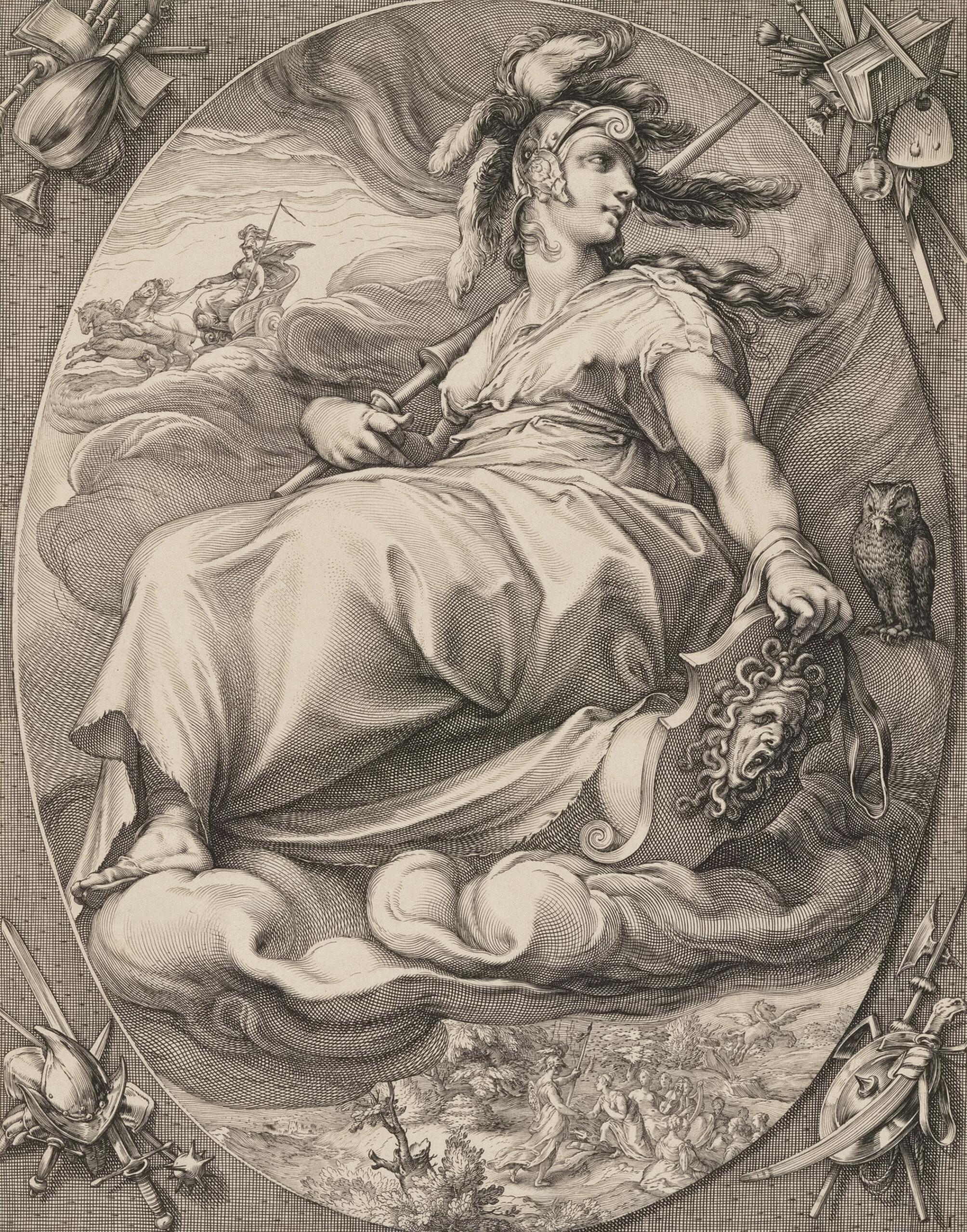 Χαρακτικό της θεάς Αθηνάς με περικεφαλαία, δόρυ και την κεφαλή της Μέδουσας, σύμβολα σοφίας και πολεμικής στρατηγικής στην ελληνική μυθολογία.