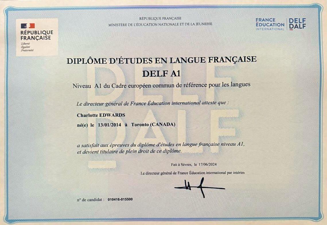 Πιστοποιητικό γαλλικής γλώσσας DELF A1 από το France Éducation International.