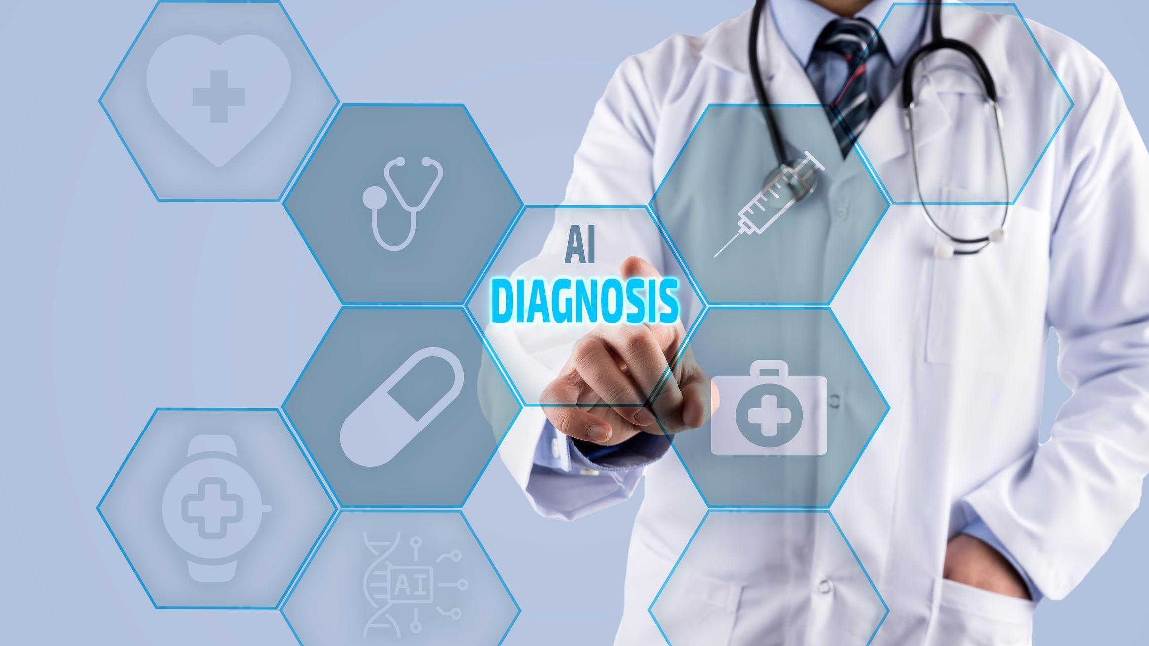 Γιατρός αγγίζει εικονικό πάνελ με ένδειξη "AI Diagnosis" και ιατρικά εικονίδια γύρω του.