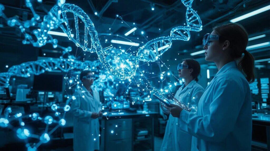 Επιστήμονες σε εργαστήριο παρατηρούν τρισδιάστατη απεικόνιση DNA με φωτεινά ψηφιακά στοιχεία.