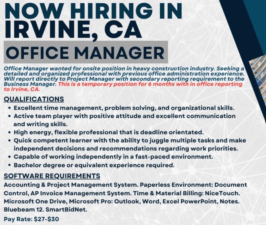 Αγγελία εργασίας για θέση Office Manager στο Irvine της Καλιφόρνια με λίστα προσόντων και απαιτούμενων προγραμμάτων
