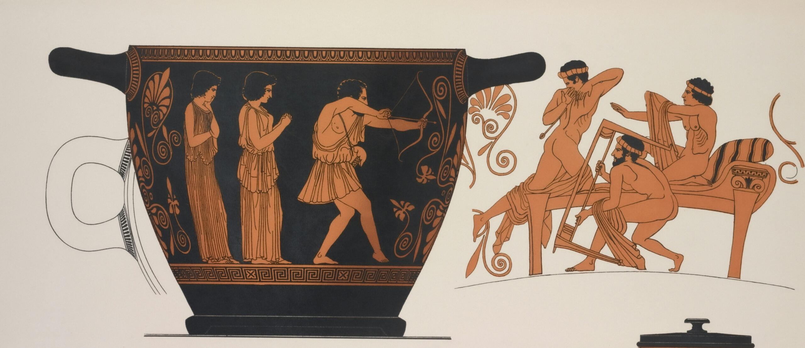 Αρχαίο ελληνικό αγγείο με παράσταση τοξότη ανάμεσα σε γυναίκες και σκηνή με μουσικά όργανα.