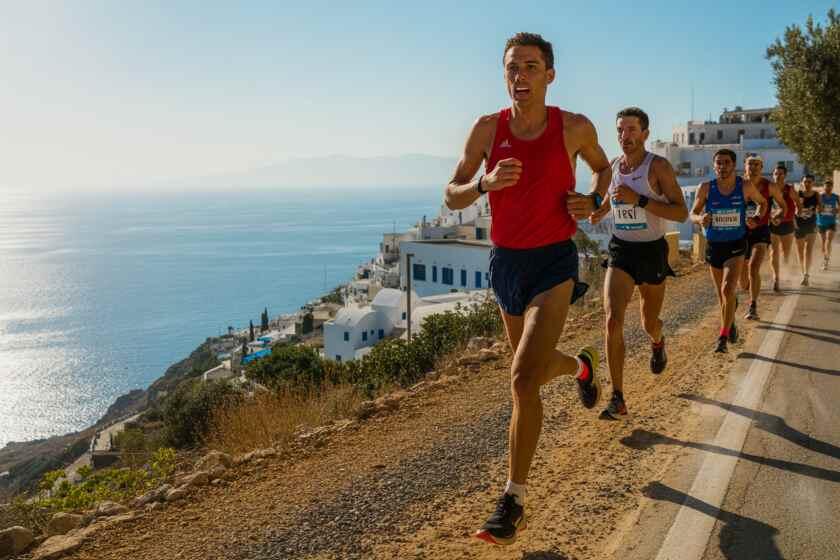 Δρομείς τρέχουν σε παράκτιο δρόμο ελληνικού νησιού με λευκά κυκλαδίτικα σπίτια και θάλασσα στο φόντο.