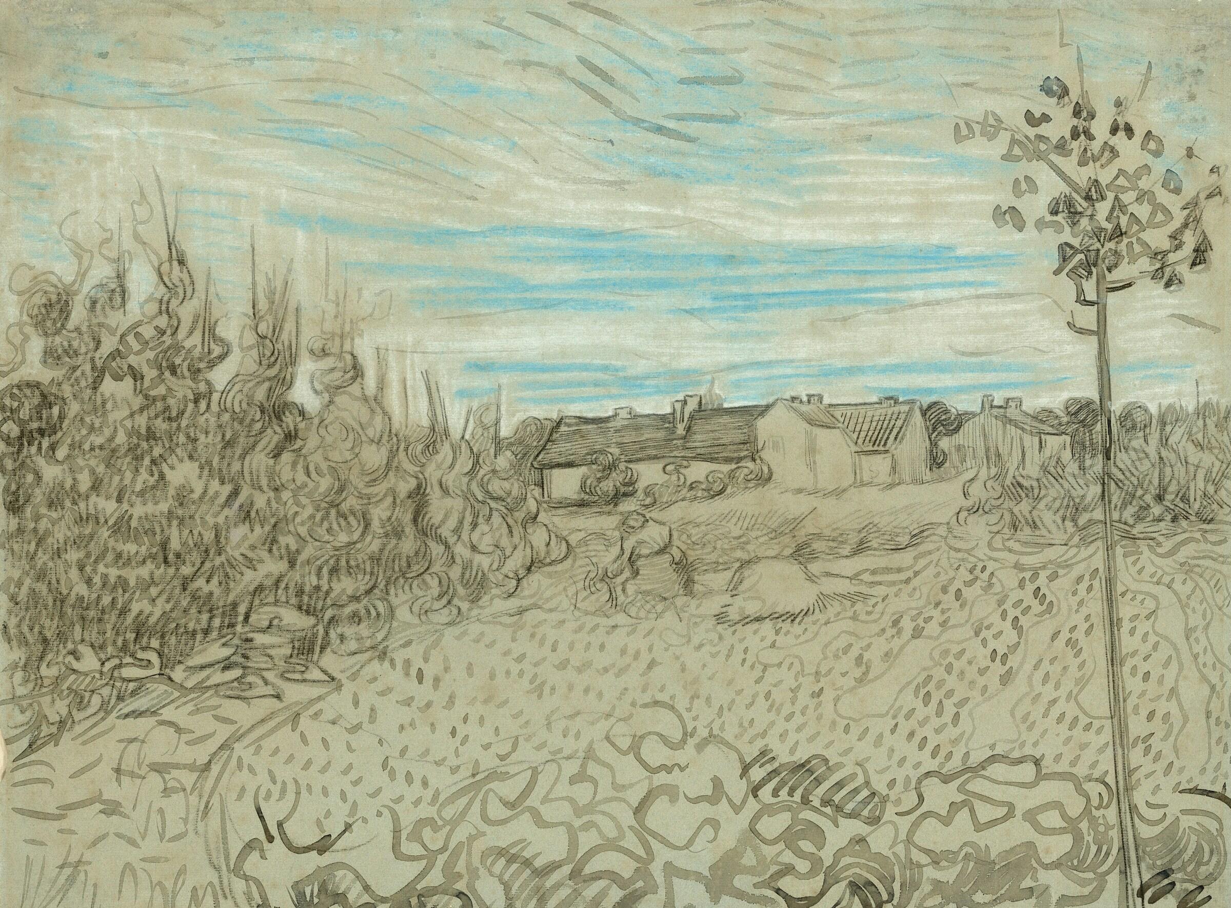 Artist Vincent van Gogh Title Cottages with a Woman Working in the Middle Ground